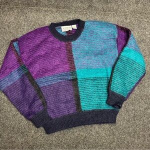 Vintage Autograph Mohair blend purple and turquoise 80s colorblock retro sweater
